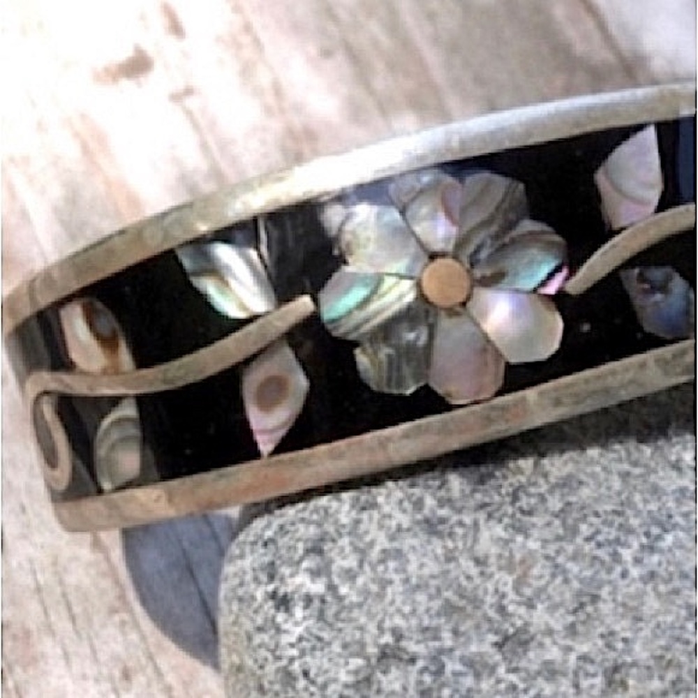 VINTAGE Bracelet ALPACA MEXICO Cuff Abalone Silver Silver Shell Small